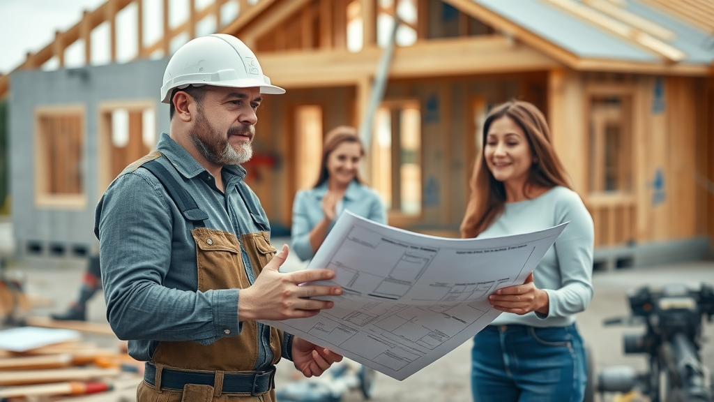 Confident general contractor meeting with Orange County homeowners, reviewing blueprints for home improvement project