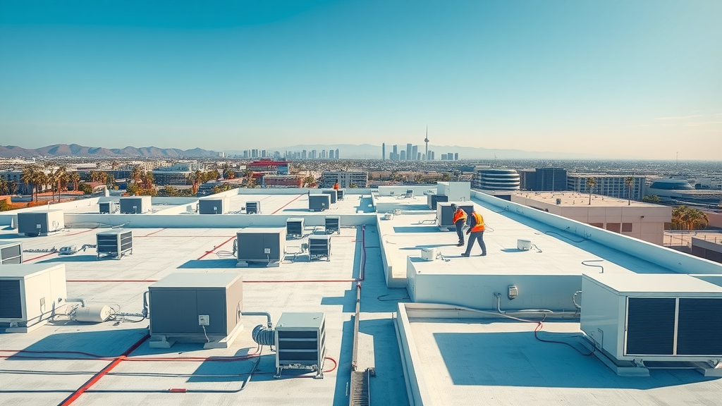 Modern commercial roofing Orange County with expert team inspecting rooftop.
