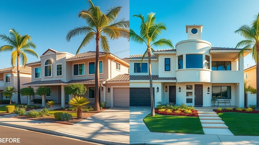 Before and after Newport Beach home exterior, complete home transformation, orange county home transformation