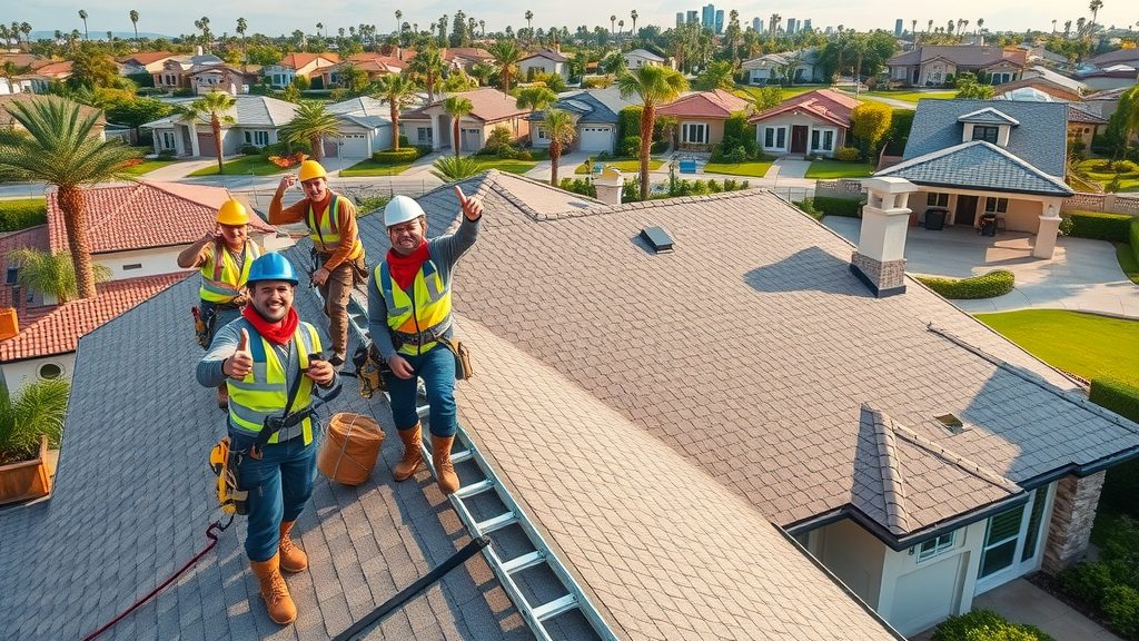 Licensed roofing contractor in Orange County team repairing roof on upscale home