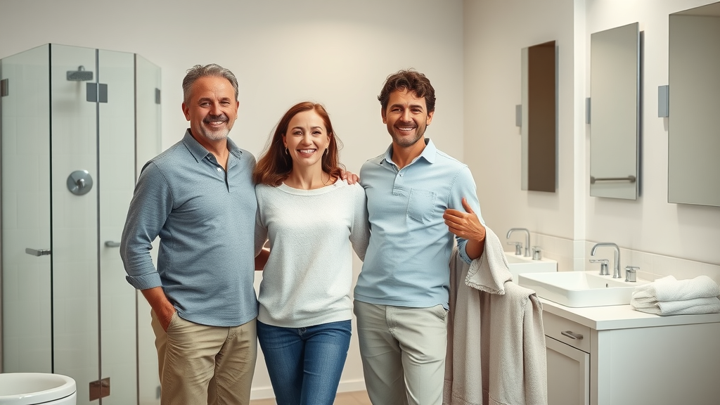 smiling family standing in finished bathroom renovation orange county, glass shower enclosure, modern vanity, bright lighting