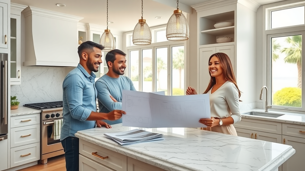 Vibrant upscale kitchen remodel orange county with marble countertops, modern kitchen cabinets, and high-end appliances, homeowners reviewing blueprints