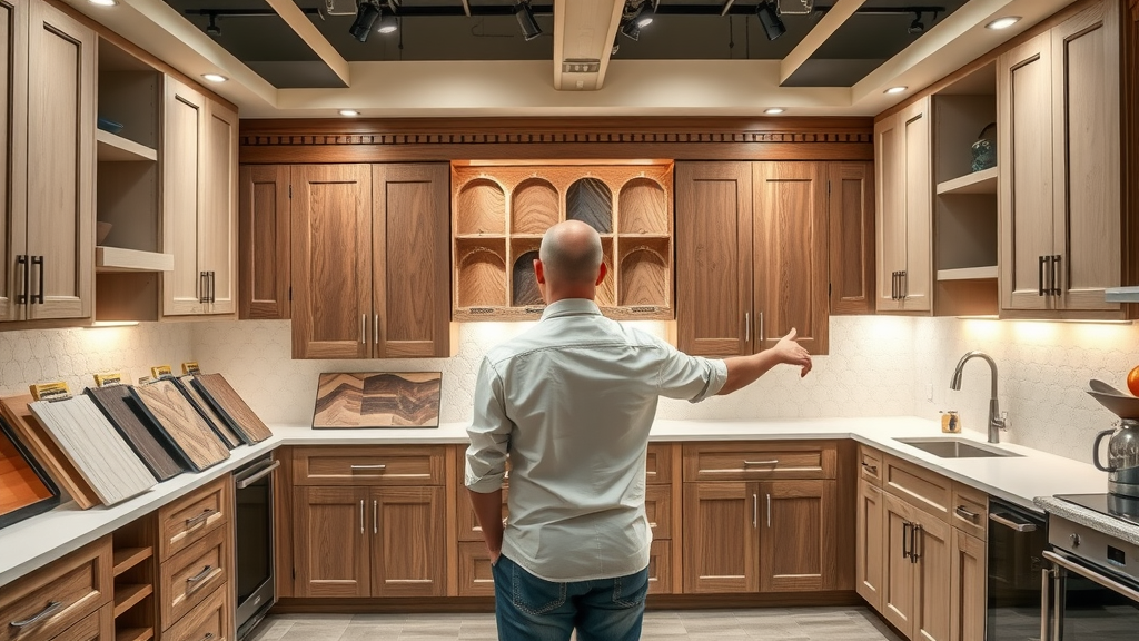 Custom kitchen cabinets vs stock kitchen cabinets orange county, designer explaining differences in luxury cabinet showroom