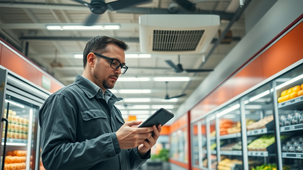 Expert checking commercial HVAC system in an Orange County supermarket