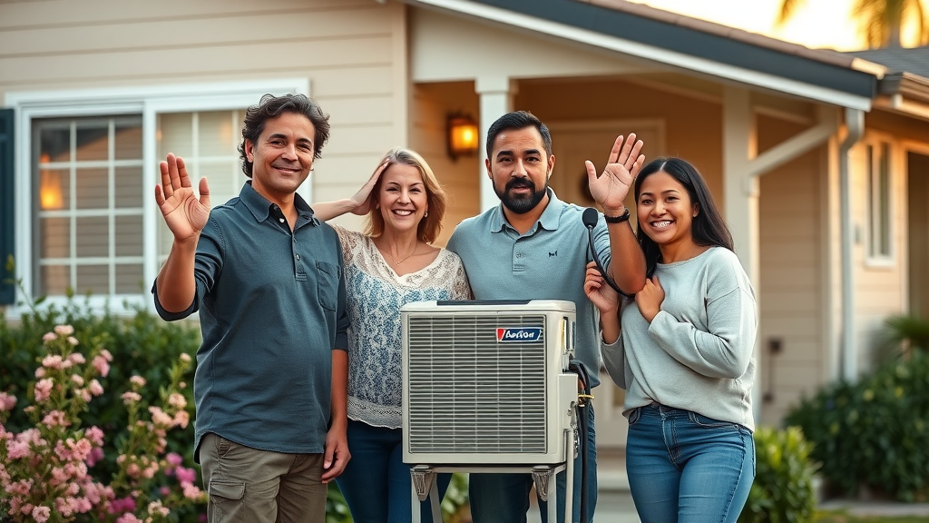 Happy Huntington Beach family stands with their AC repair expert outside their home after a successful air conditioning repair service.