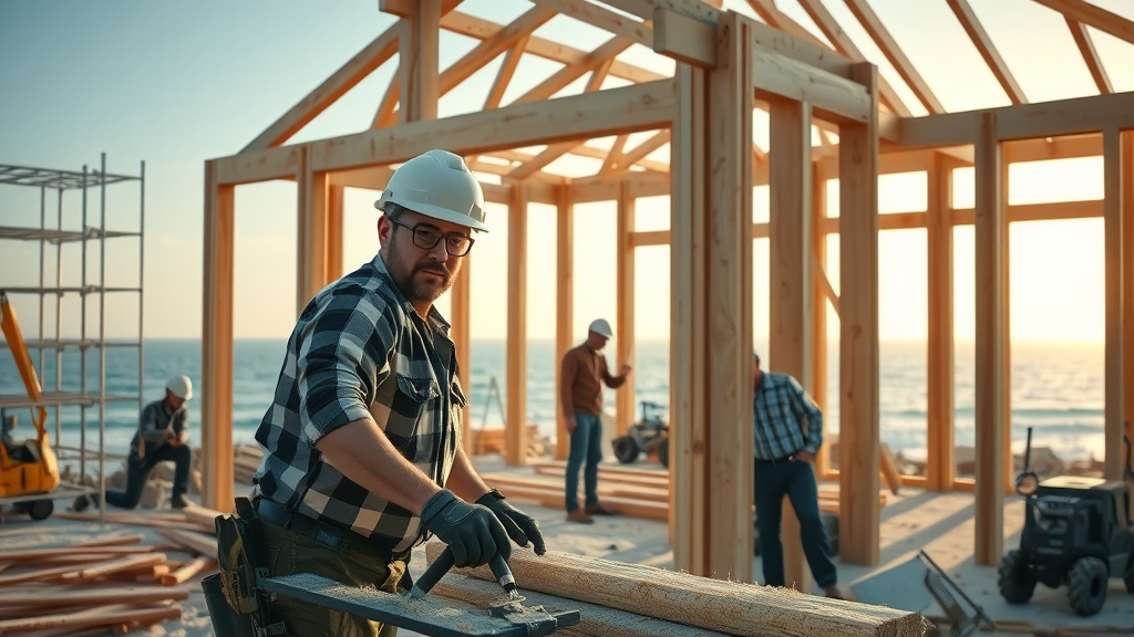 Construction site with workers building custom home frame in Newport Beach with ocean view