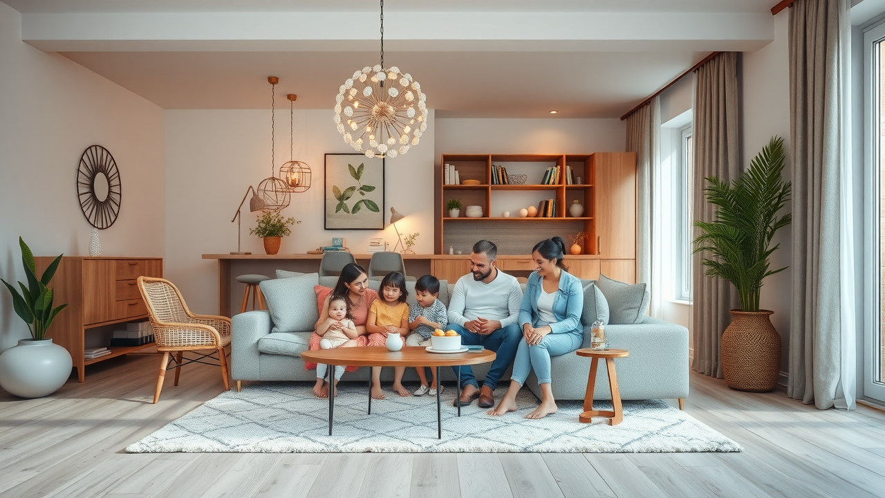 Family with restoration experts in cozy home after damage restoration
