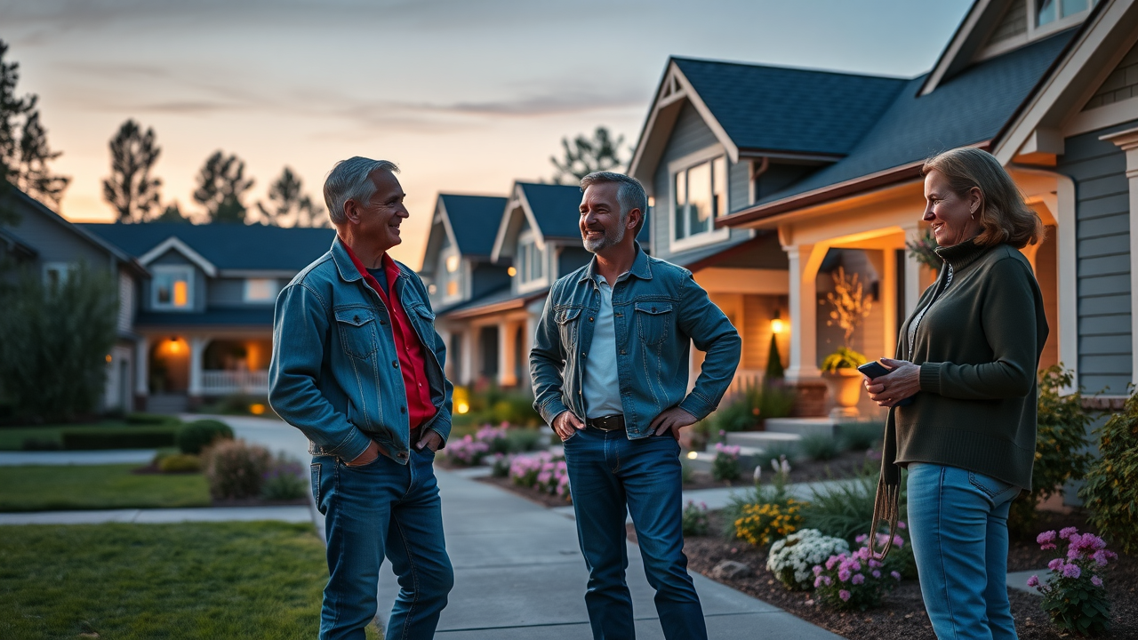 Garage door expert advising Lake Forest homeowners at dusk with friendly service.