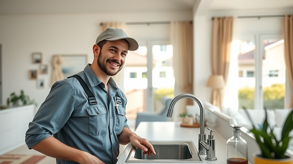 Friendly plumber repairing kitchen sink in bright Torrance home