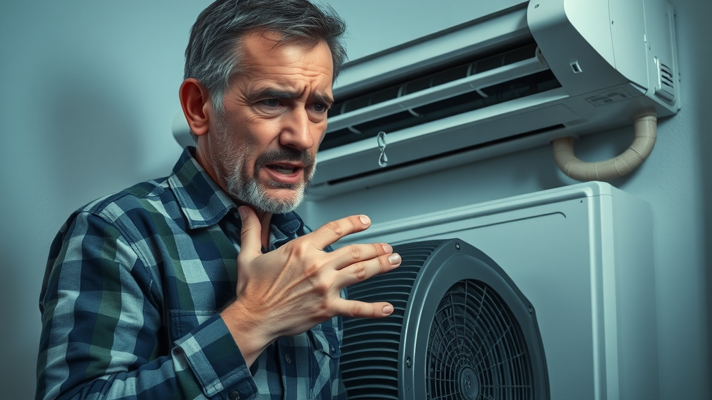 Distressed Huntington Beach homeowner examines a leaking AC unit with water on the floor, highlighting an urgent need for air conditioning repair.