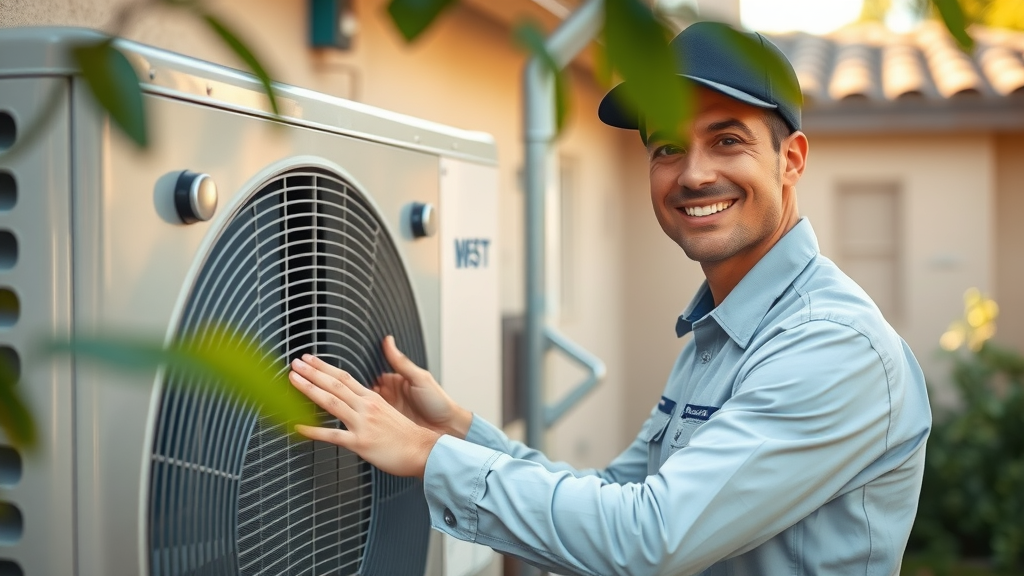 How to find a trustworthy HVAC company in Orange County, friendly technician inspecting AC unit outside suburban home.