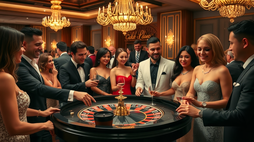Professional casino rentals creating vibrant casino party ambiance with guests around roulette table