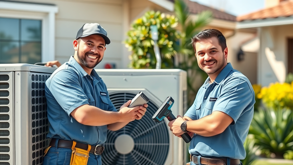 AC service professionals in Huntington Beach CA checking a modern air conditioning unit on a coastal home driveway with friendly, professional expressions.