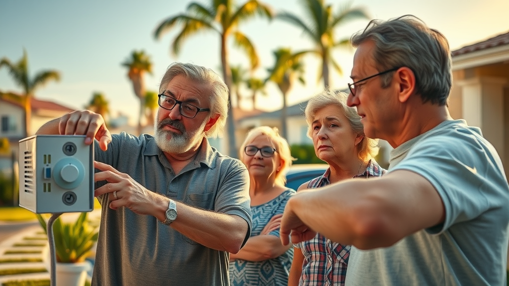Residential AC Repair Expert Huntington Beach CA - Concerned homeowners in a sunny Huntington Beach neighborhood check their malfunctioning AC thermostat with visible heat shimmer and palm trees in the background.