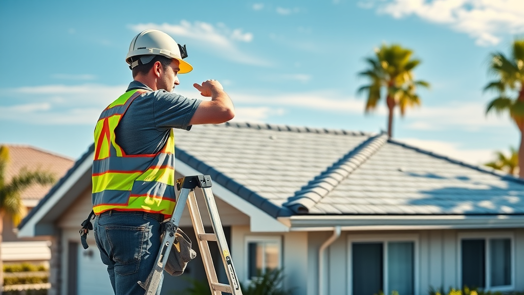 Modern home with best roofing contractor inspecting roof in Orange County sunshine