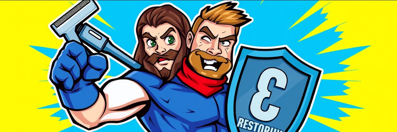 Logo of best restoration company with confident mascot and bold shield emblem