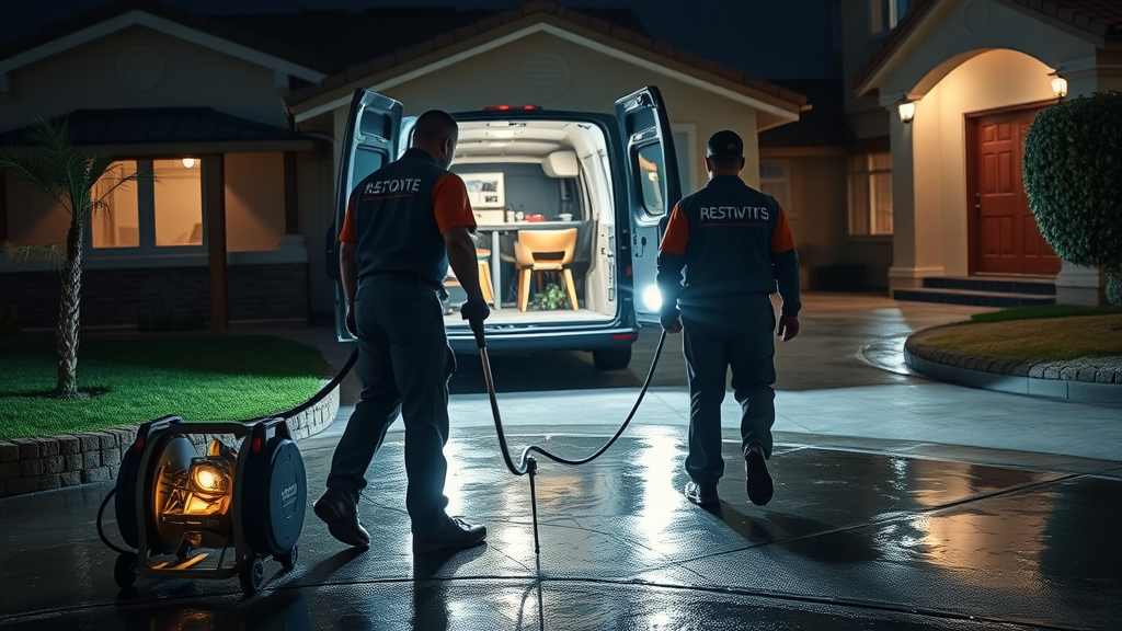 Nighttime San Clemente water damage restoration team responding to emergency flood call