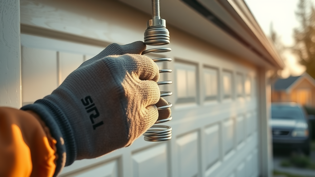 Detail of garage door expert adjusting torsion spring in Lake Forest home.