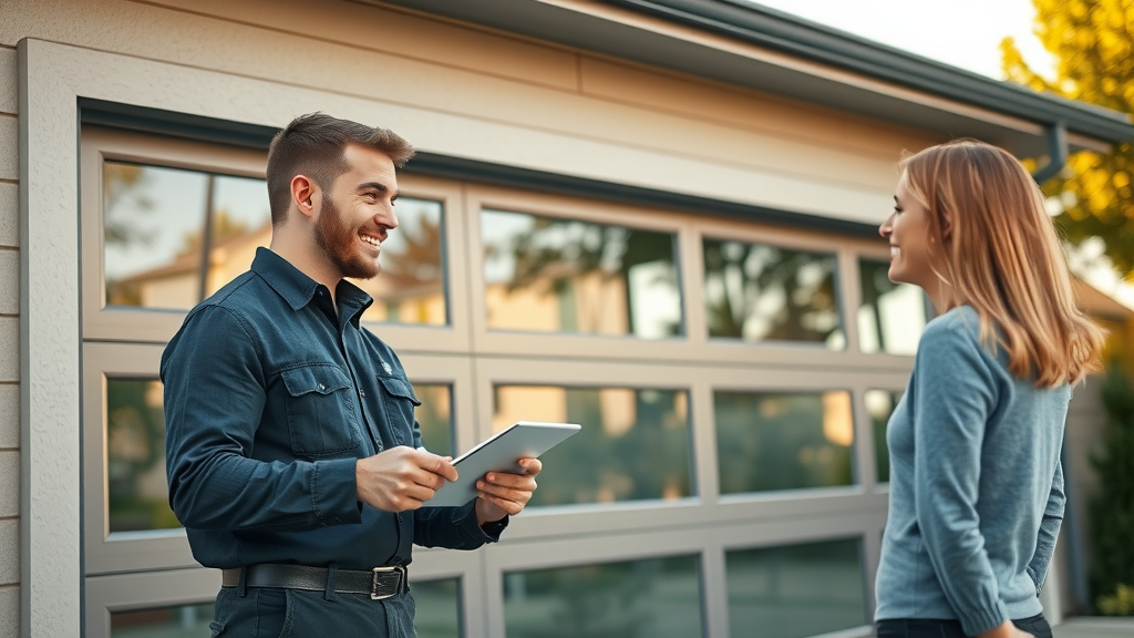 Expert garage door company technician advising homeowners on new installation