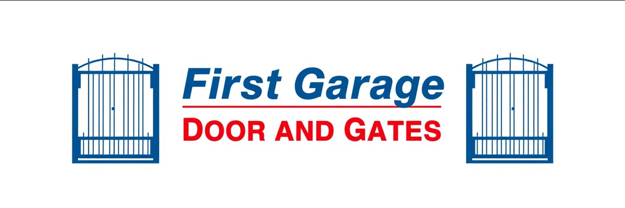 Garage door company logo with blue gates and bold red and blue text