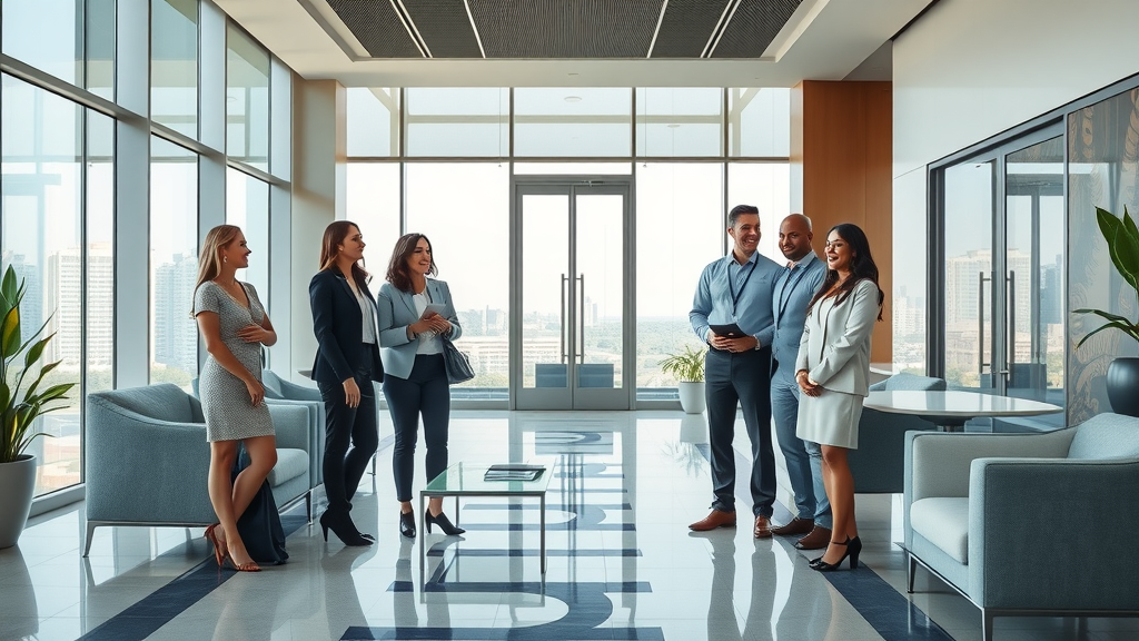 Modern CPA office lobby in Irvine with professionals greeting clients