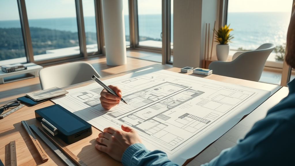 Architect planning custom home floor plans for Newport Beach with sustainability features