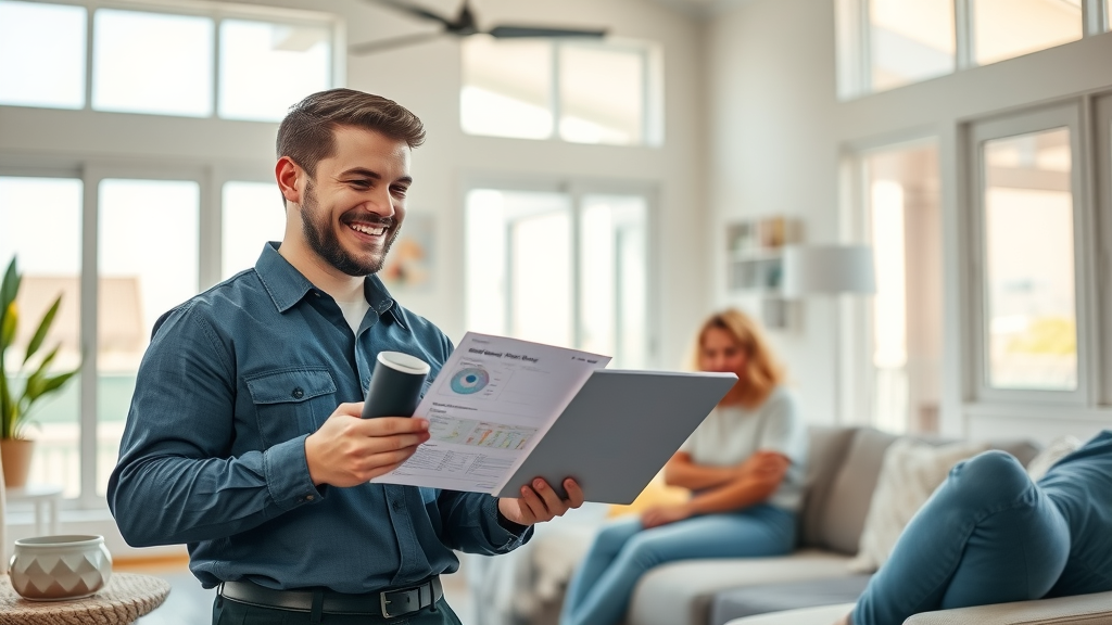Residential AC repair in Huntington Beach - Technician shows family a digital AC repair report in a sunlit Huntington Beach living room with coastal decor.