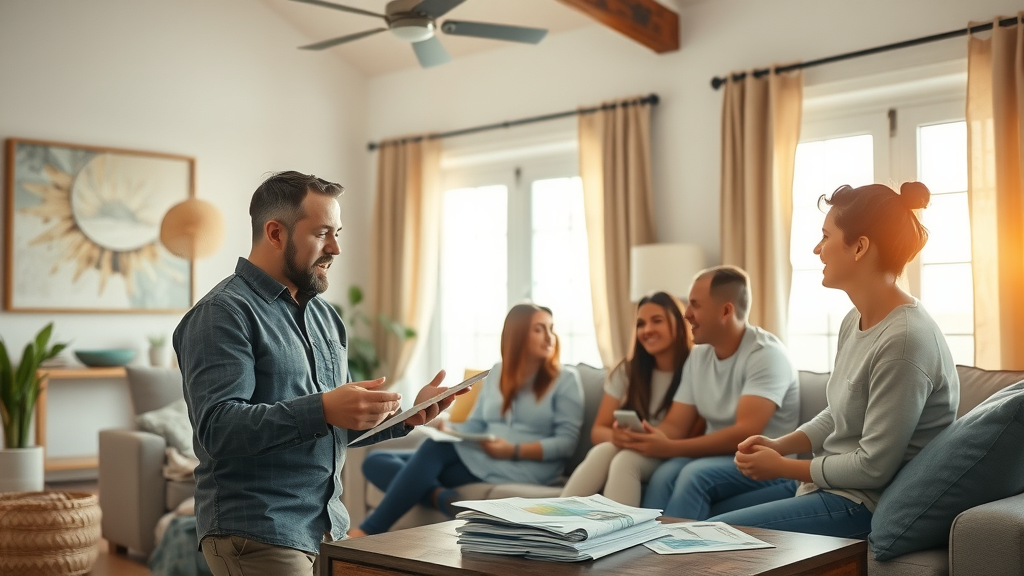 HVAC expert advising Huntington Beach homeowners in a sunny living room