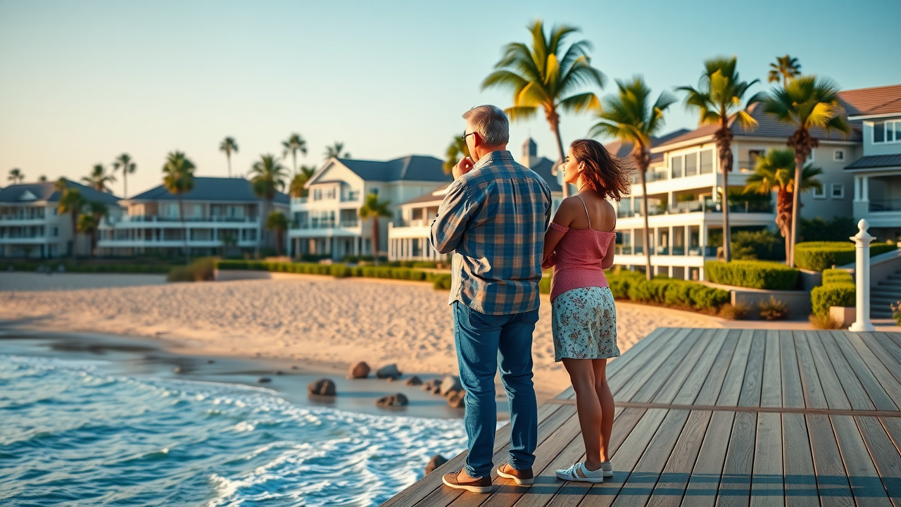 Serene coastal neighborhood with a couple considering property lots for custom home construction process in Newport Beach