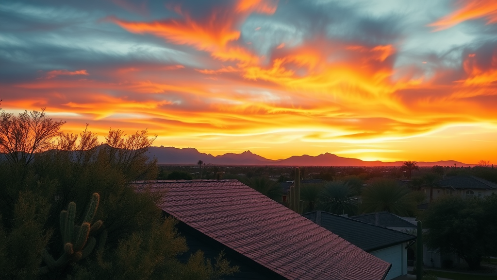Freshly replaced shingle roof in Mesa AZ at sunset, mountains in the background