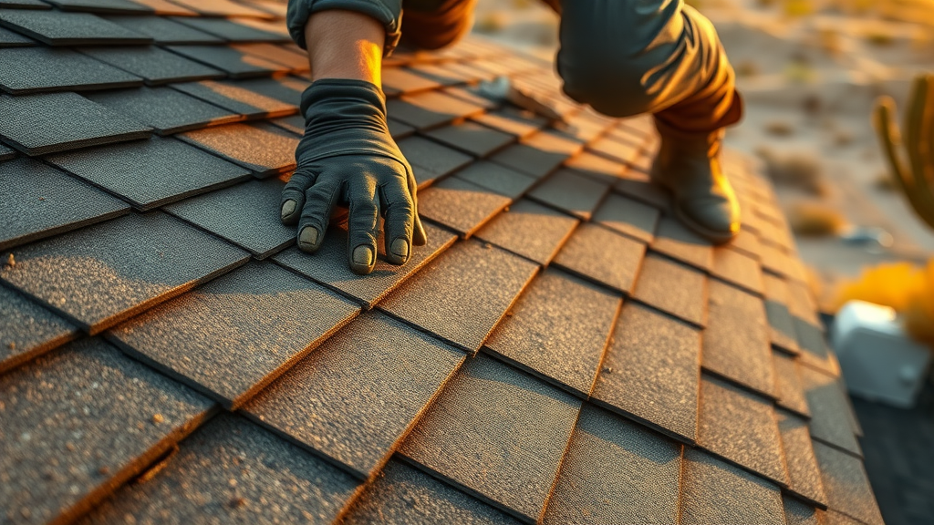 Roofer during shingle roof replacement installing asphalt shingles in Mesa AZ