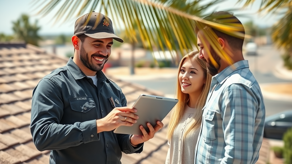 Expert advising homeowners during Mesa shingle roof replacement inspection