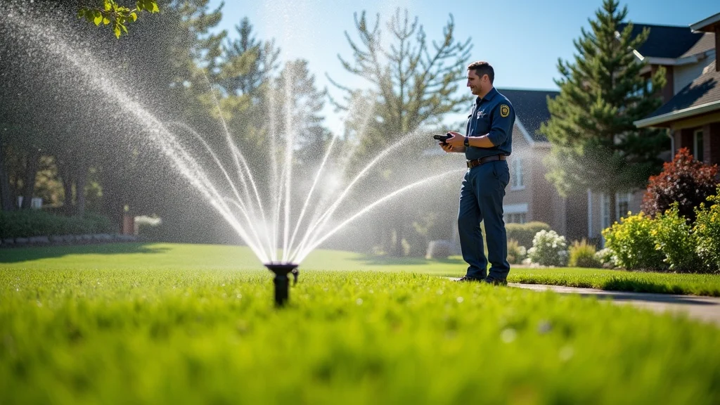 Professional irrigation technician inspecting sprinkler system in Tulsa backyard