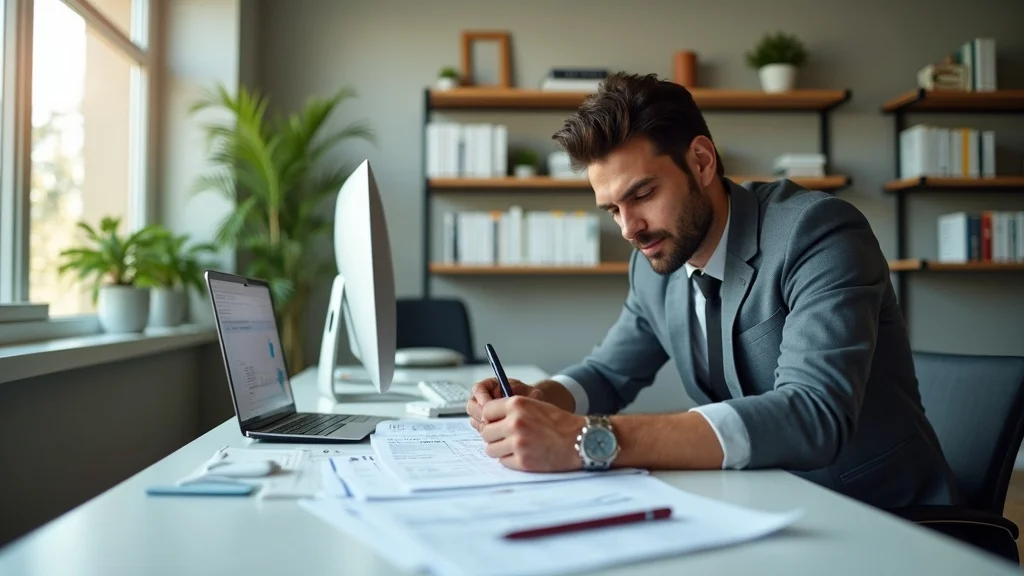 CPA analyzing tax return documents including IRS Forms 1041 and 706 at a California office