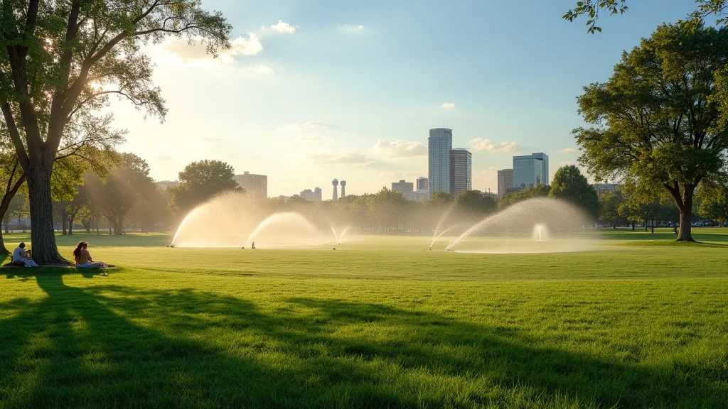 Efficient park irrigation services Tulsa OK with advanced sprinklers running at sunset