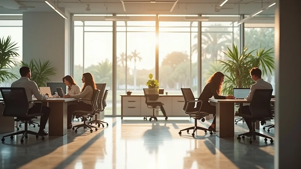 Modern office workspace in Brevard County—spotlessly clean and organized, business professionals at ease. Commercial cleaning Brevard County FL in action.
