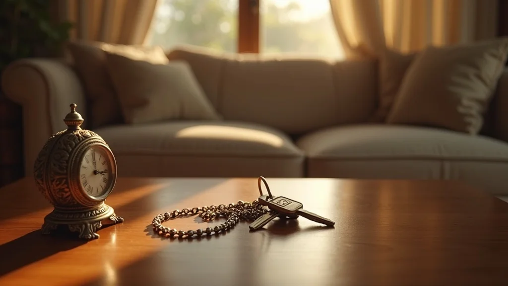 Carefully arranged inherited assets including jewelry, car keys, and antiques in a California home