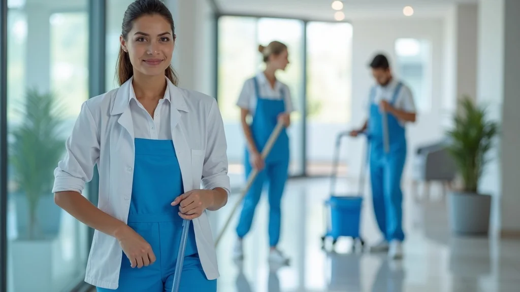 Experienced commercial cleaning team at work—friendly, organized, and professional New Sparkles cleaners serving a Brevard County office lobby.