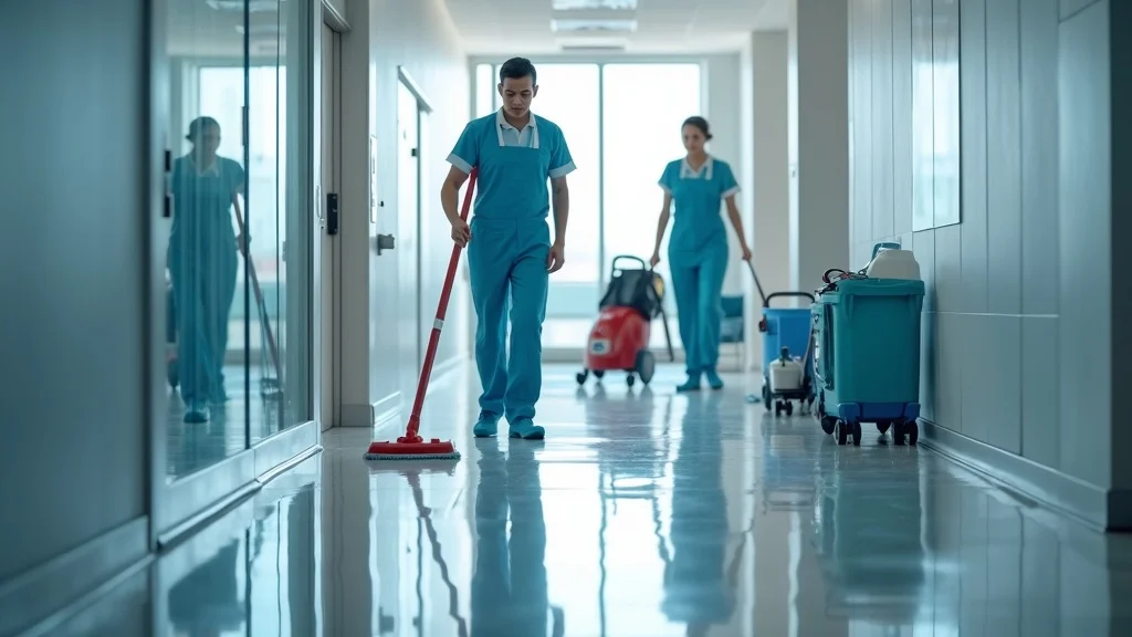 Professional janitorial team cleaning multiple surfaces in a Brevard County business. Reliable commercial cleaning service ensures a clean and healthy environment.