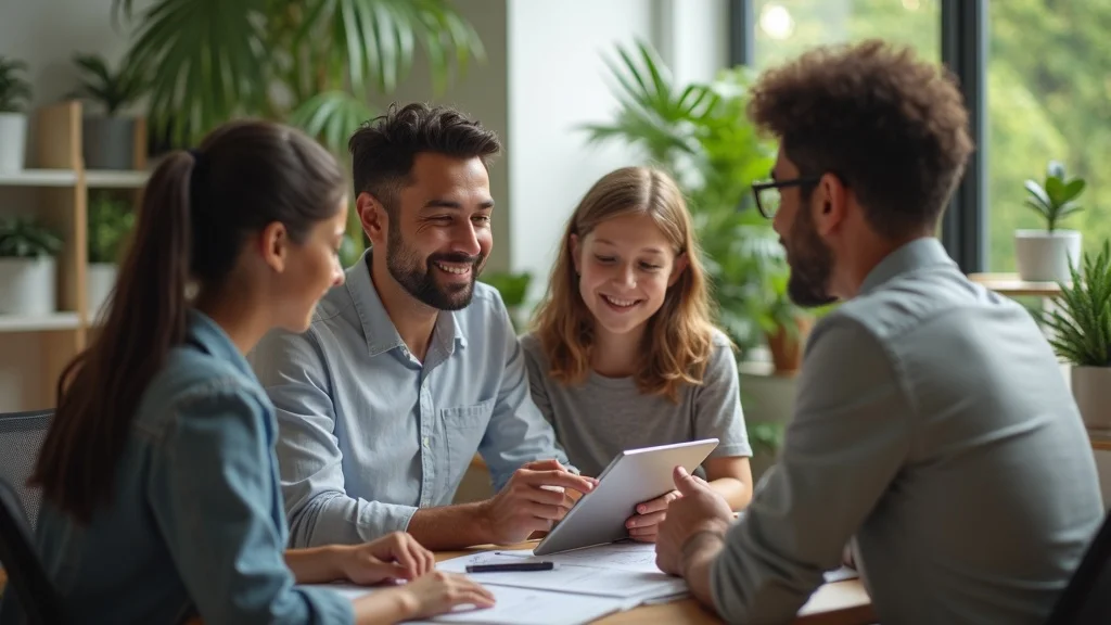 Supportive CPA explains wealth management strategies to diverse Irvine family using a digital tablet—approachable, clear, and reassuring manner, representing the best CPA for building family wealth.