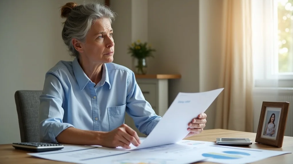 Thoughtful Irvine beneficiary reviews inheritance documents with best CPA for building family wealth—focused, comfortable home setting with financial charts and family photos.