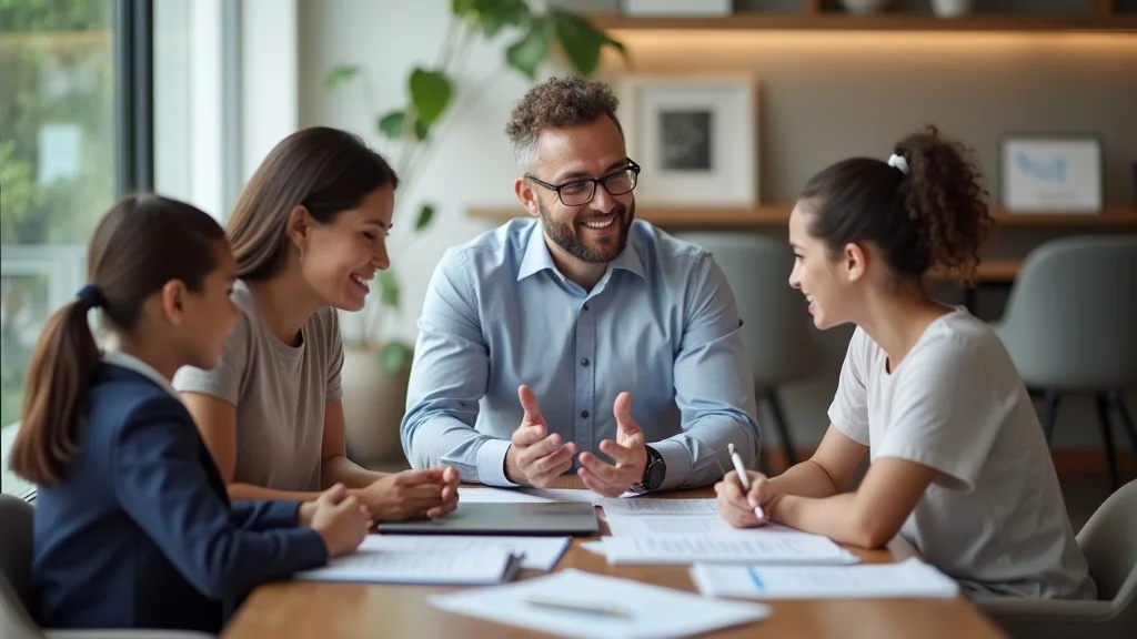 Professional Irvine CPA in modern office collaborates with multi-generational family on wealth management, representing the best Irvine CPA for building family wealth. Crisp, realistic, warm lighting.